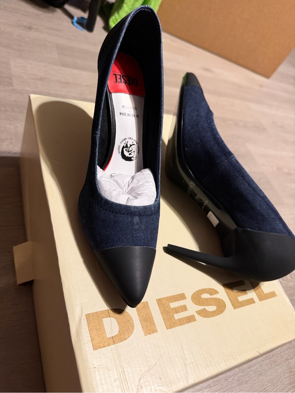 Diesel Navy Denim and Black Pointed-Toe Stiletto Heels